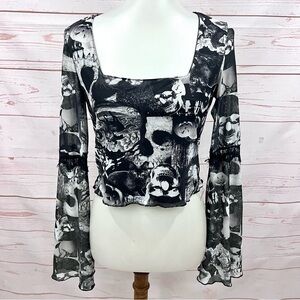Social Collision Goth Skull Black Cat Square Neck Flare Bell Sleeve Crop Top